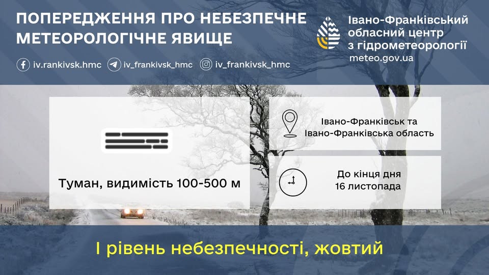 На Прикарпатті очікується туман з видимістю 100-500 м