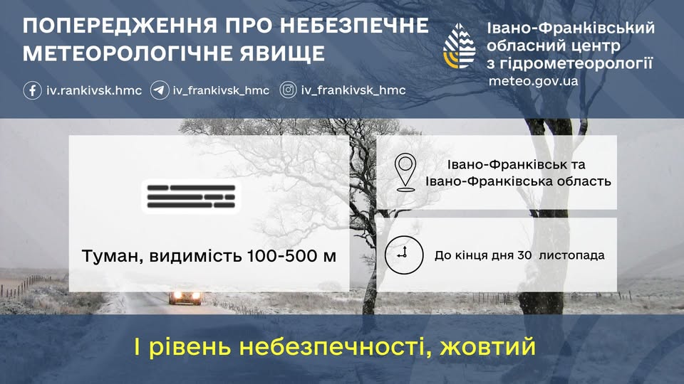 Синоптики продовжили дію «жовтого» рівня небезпечності на Прикарпатті до кінця дня 30 листопада
