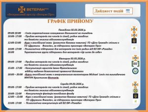 У Ветеранському просторі «Ветеран Про» оприлюднено графік прийому та заходів на 2–7 березня 2026 року